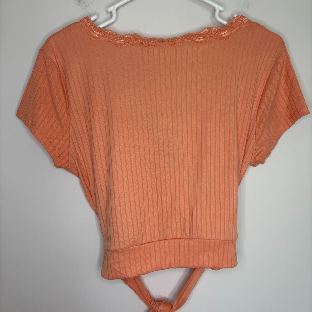 NO COMMENT NEW Knit Ribbed V-Neck Top Womens XL Lace Orange Tie Cropped Short Sl - Picture 4 of 8